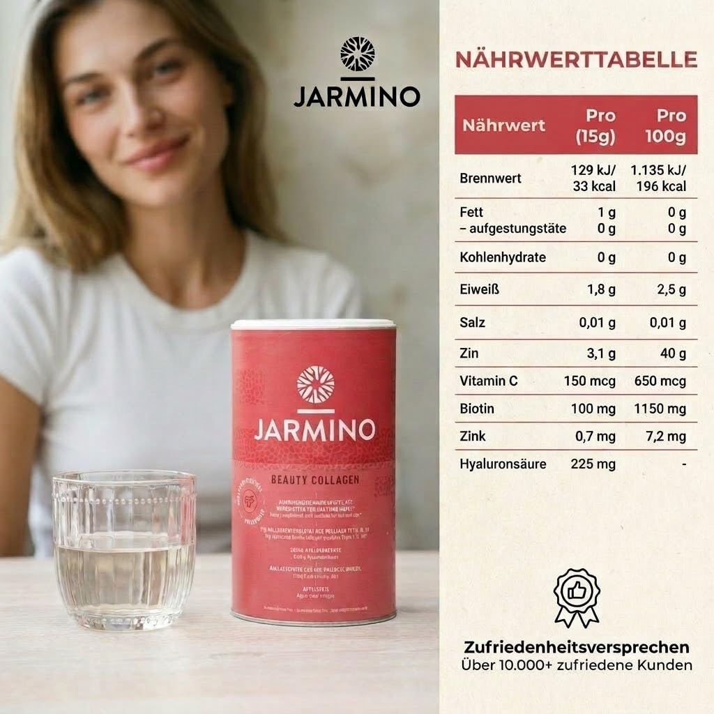 JARMINO Collagen Peptide mit Hyaluronsäure - Kollagen Pulver mit Vitamin C, Biotin, Zink - 450g - 30 Portionen - Für Strahlende Haut, Gesundes Haar und Starke Nägel | Collagen Powder mit Hyaluronsäure, Unterstützt Haut Haar Nägel, 30 Portionen, Kollagen P