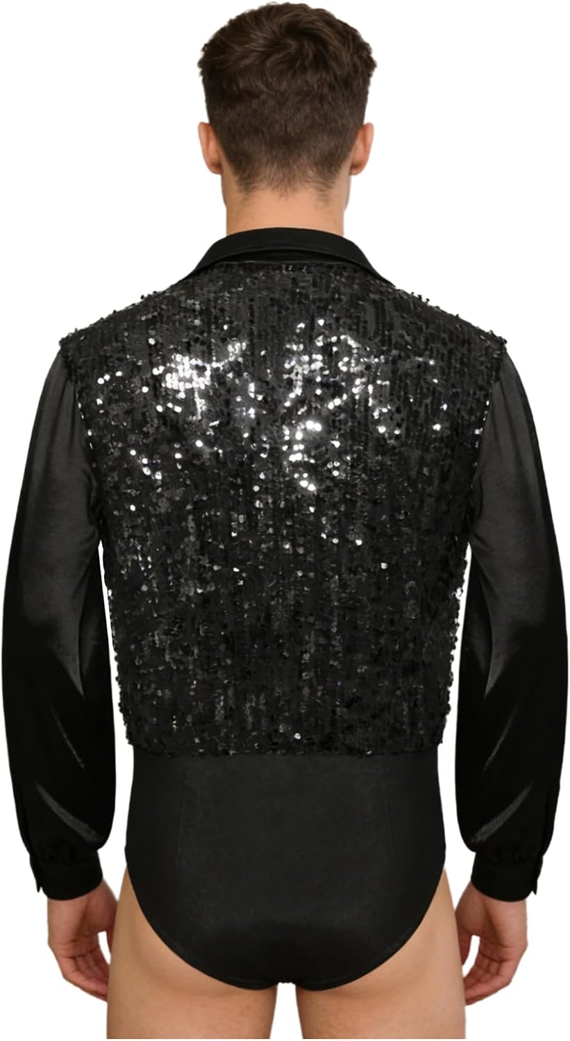 iEFiEL Mens Sequined Latin Dance Bodysuit Long Sleeves V Neck Buttoned Crotch Leotard Dancewear