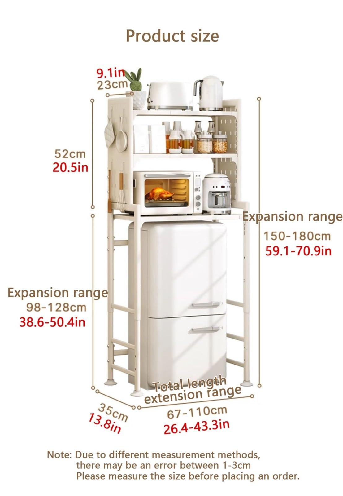 Mini estante expandible de 3 niveles para nevera, estante de almacenamiento de microondas y refrigerador de altura ajustable para organización de cocina, diseño resistente (blanco, se adapta a menos