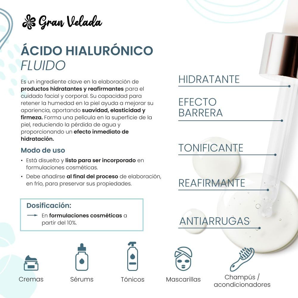 Acido ialuronico Fluido 1% per Cosmetici | Aggiunge idratazione ed elasticità | Facile da miscelare in creme e siero | Uso professionale (1000 ml)