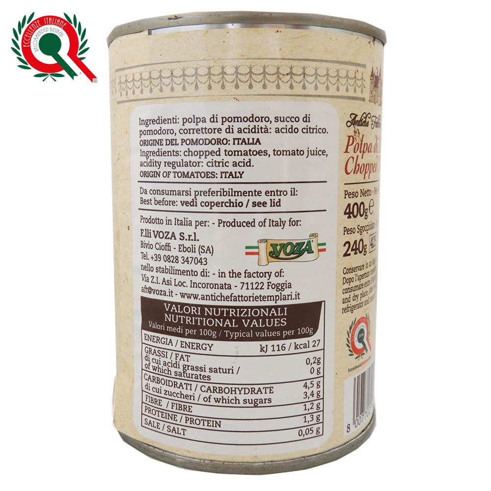 Polpa di Pomodoro | Antiche Fattorie Templari | 12 Barattoli da 400 Gr | Gluten Free | Agricoltura Biologica | Certificato Eccellenze Alimentari | Pomodori del Cilento e Piana del Sele | Idea Regalo