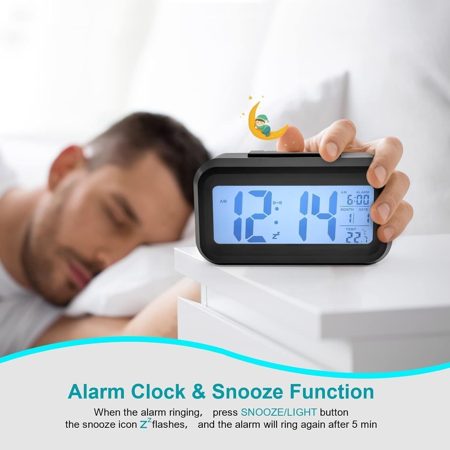 xyno Electric Digital Alarm Clock – Large LED Screen Desk Clock with Time, Date & Calendar Display, Electronic Desktop Clock for Home, Office, Bedroom & Kids 4