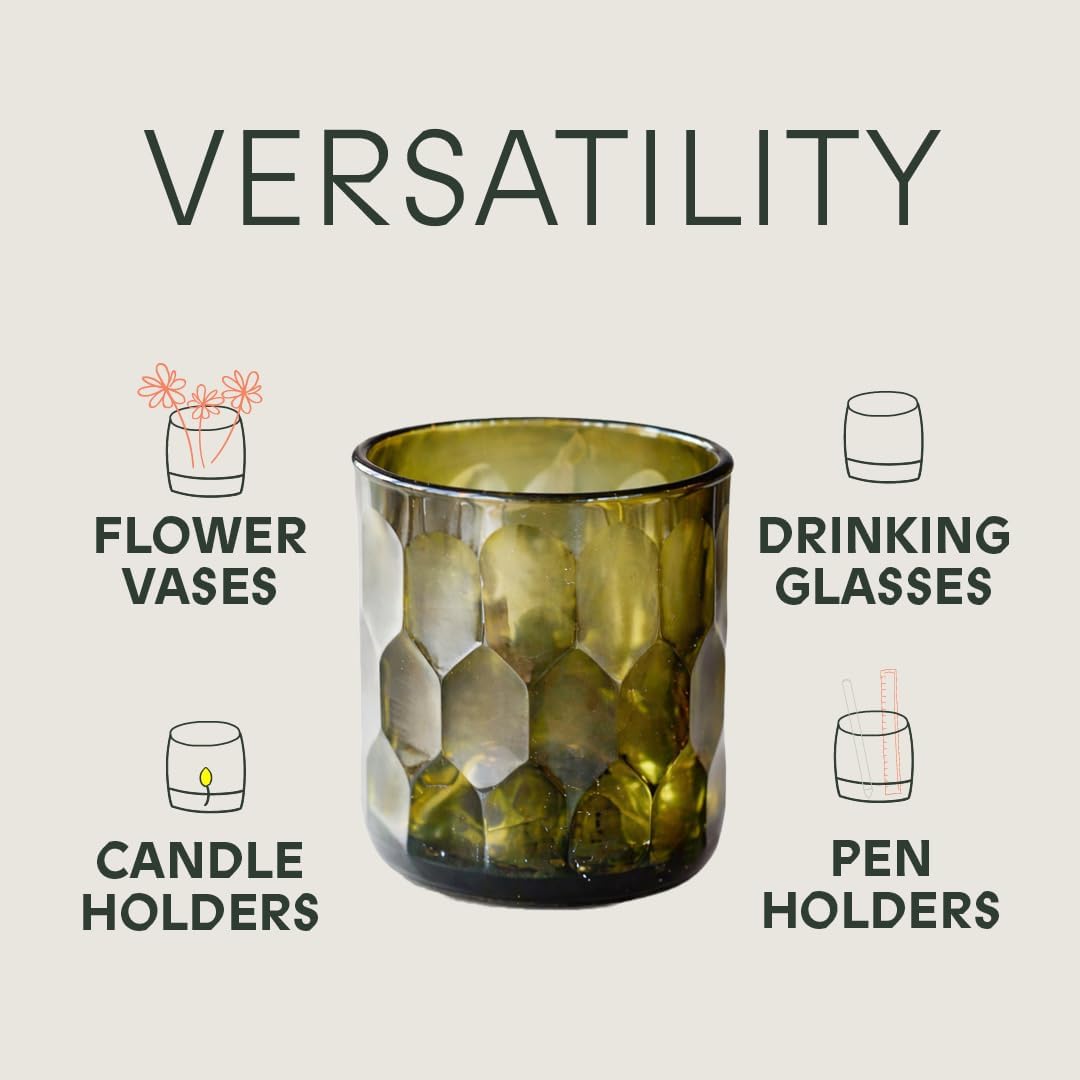 IWAS Upcycled Large Honeycomb Textured Drinking Glasses, Short 8.45 OZ / 250 ML, Set of 4 Olive Green Glasses, Handcrafted Sustainable Glassware - Image 4