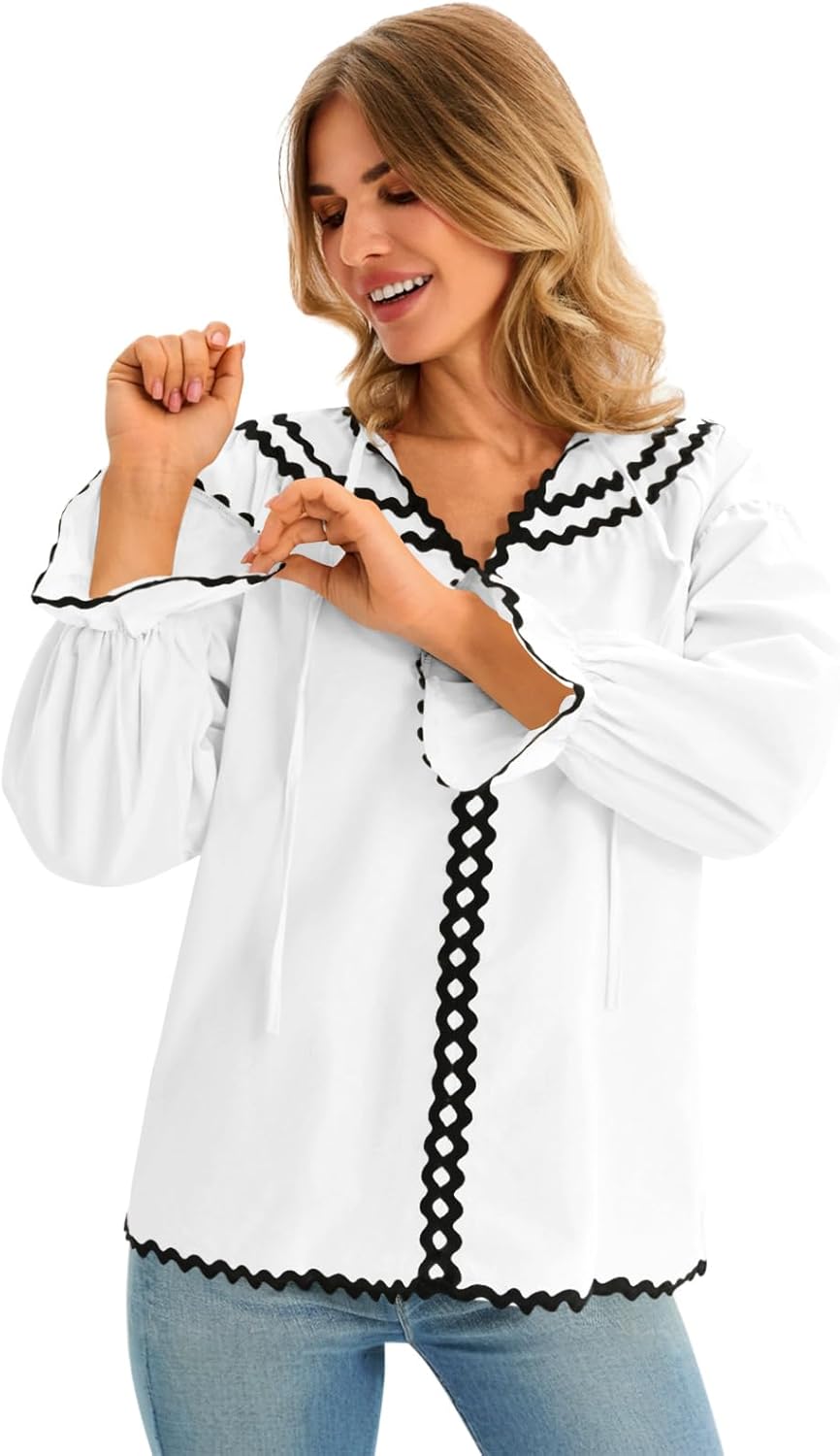 Cicy Bell Womens Ruffle Puff Sleeve Blouse V Neck Trim Shirts Trendy Casual Loose Fit Tops - Image 4