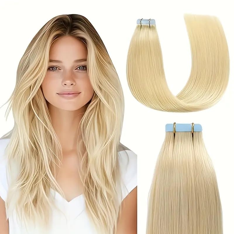 Tape in Hair Extensions Human Hair Platinum Blonde 18 Inch 50g/pack 20pcs Straight Seamless Skin Weft Tape in Real Human Hair Extensions (60A, 18inch)