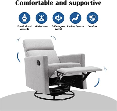 Miniatura 13 de Silla reclinable, moderna silla reclinable tapizada de lino con base giratoria de 360 grados, respaldo ajustable y reposapiés, sofá individual,