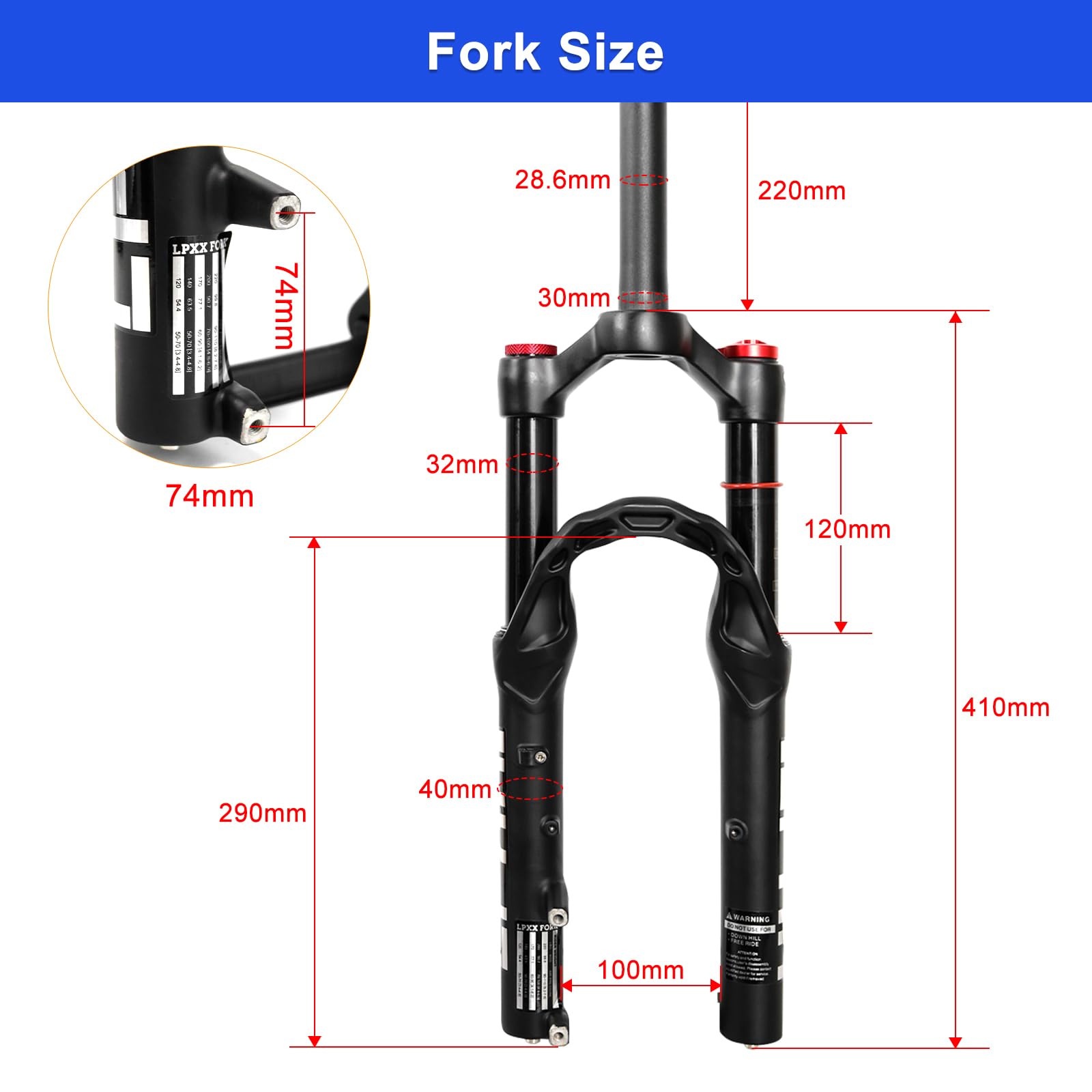 Horquilla de suspensión neumática de bicicleta de 20 pulgadas, 120 mm de viaje, horquilla QR MTB de 9 mm, tubo recto de 1 1/8 pulgadas, bloqueo manual, horquilla delantera de freno de disco