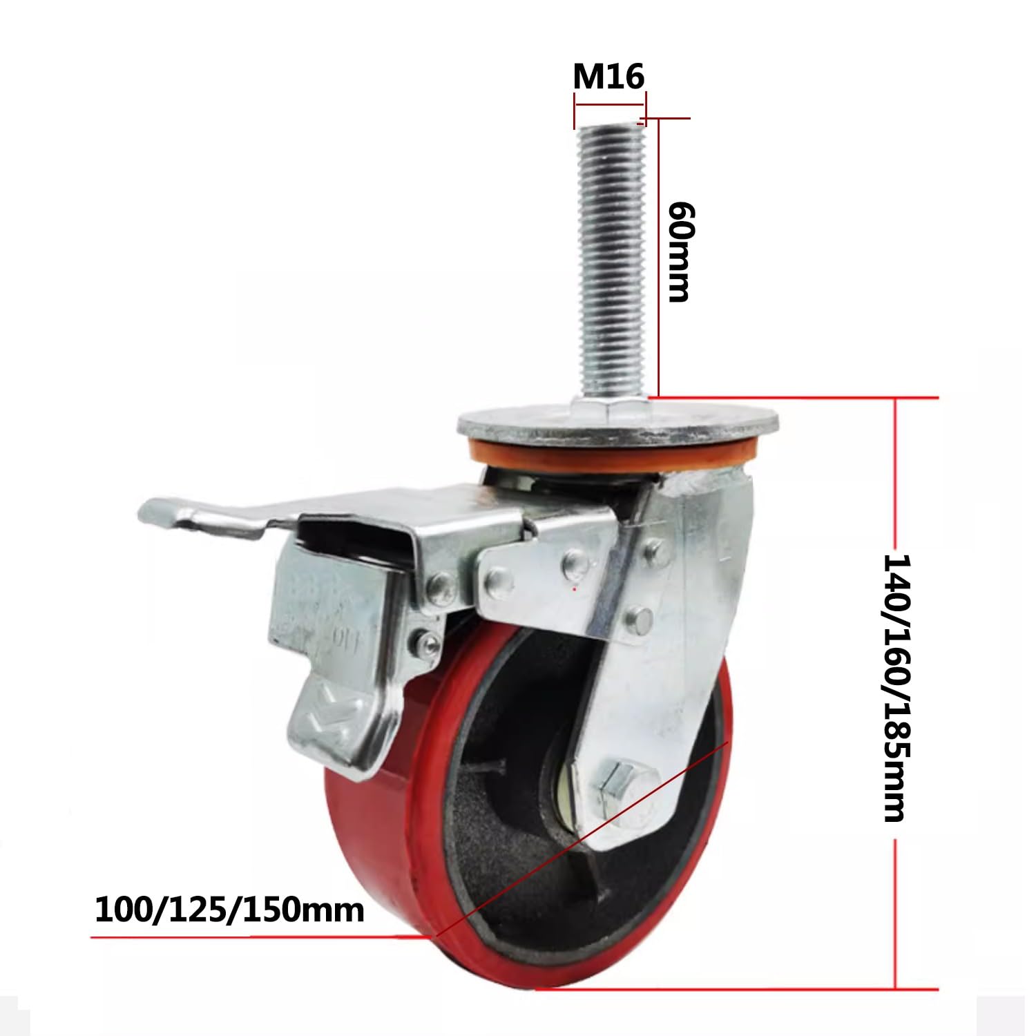 roulettes Robustes à Tige filetée M16 - Lot de 4 roulettes industrielles en Fonte de 100 mm avec Frein, pour établi, Chariot et mobilier.