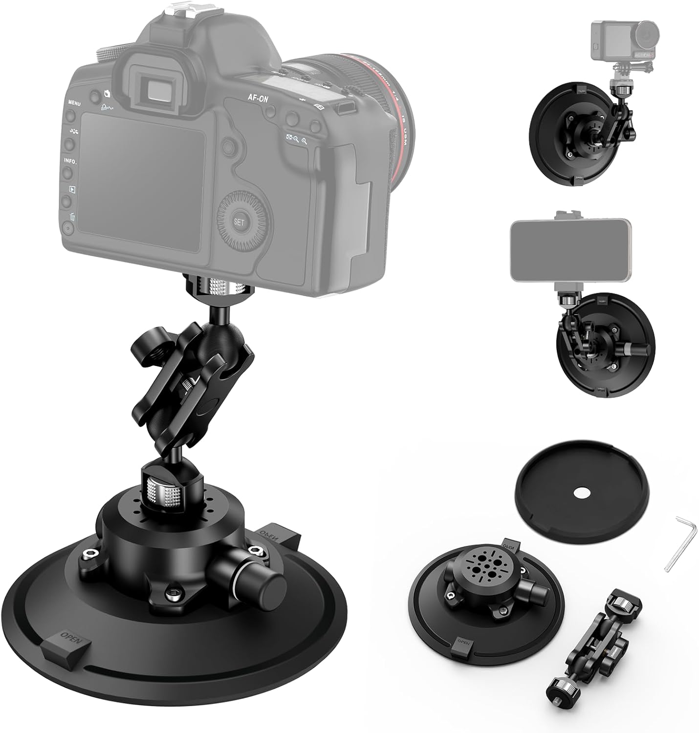 6" Camera Suction Cup Mount with Ball Head Magic Arm,Quick Release Metal Vacuum Suction Cup Mount Car Windshield Dash Mount for Action Camera/Phone Holders with 1/4",1/8" Holes(Black)