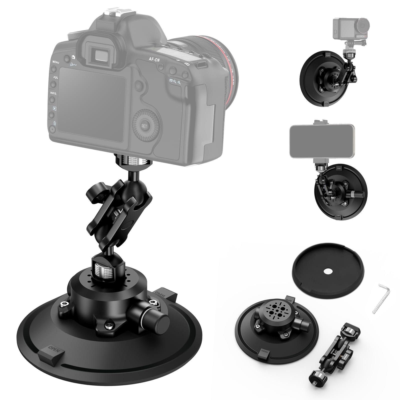 6" Camera Suction Cup Mount with Ball Head Magic Arm,Quick Release Metal Vacuum Suction Cup Mount Car Windshield Dash Mount for Action Camera/Phone Holders with 1/4",1/8" Holes(Black)