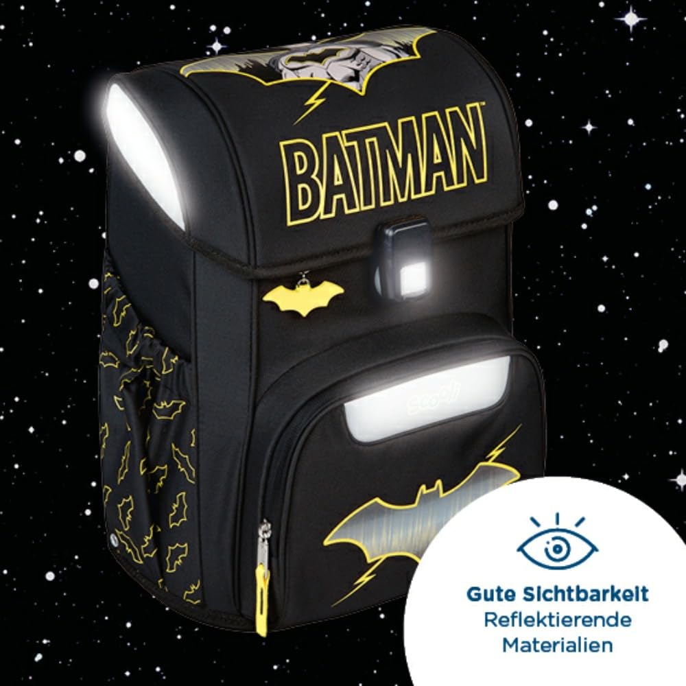 Scooli Schulranzen 1.Klasse Jungen EasyStart Schulranzen- Set (Batman 10tlg. mit Sporttasche, Brotdose, Trinkflasche, passend Plüschtier, Schultüte)