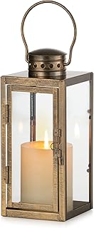 NUPTIO Vintage Lanterns Decorative Indoor: 9.5 inches Tall Hanging Farmhouse Metal Lantern Decor with Glass - Gold Distressed Candle Holder for Halloween Home Mantle Living Room Patio