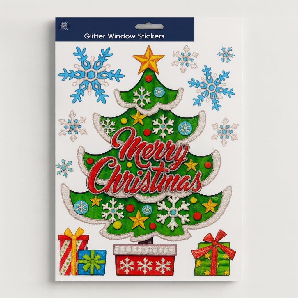 Nimvona Colorful Xmas Figures Glitter Finish Window Stickers 41Cm X 29Cm Christmas Tree Glitter Window Clings Easy Peel And Stick Christmas Window Decorations For Home, Kids Rooms & Winter Christmas Décor (1Pc)