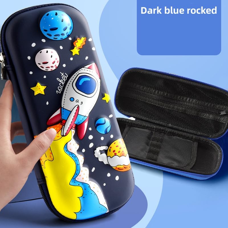 Image of 3D Pencil Case for Kids, Waterproof Pencil Box with Compartments Pen Pouch (Dark blue rocket)