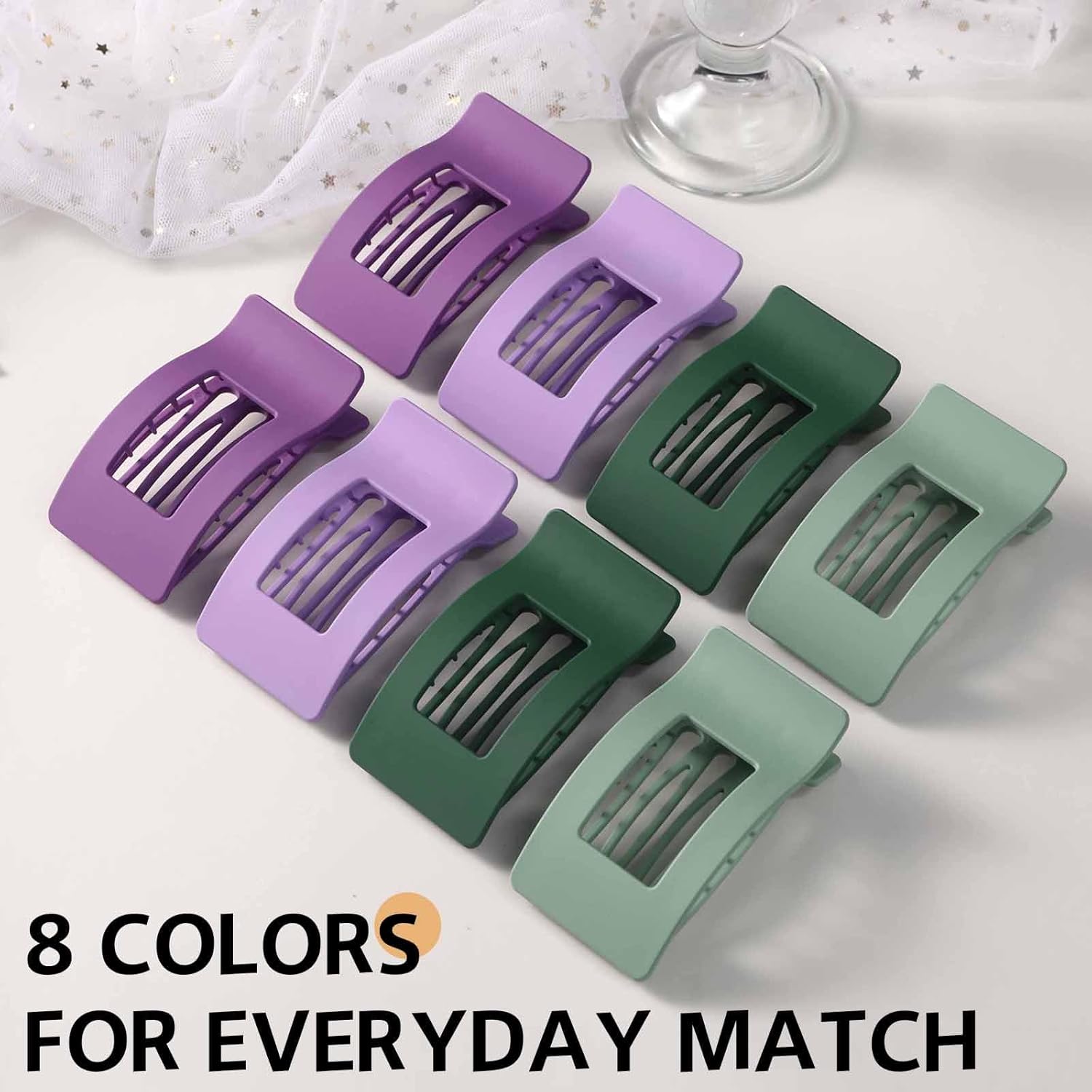8 Pack French Flat Hair Clips for Women – Large Matte No-Slip Claw Barrettes for Thick & Thin Hair, Strong Hold Styling Accessories (Green and Purple) - Image 7