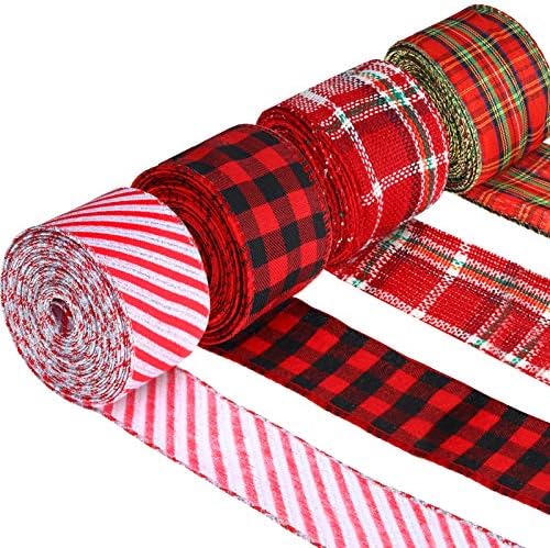 4 Pieces Wired Burlap Christmas Holiday Ribbon Burlap Ribbon with Wired Edge Wrapping Christmas Tree Ribbon Wreath Bows Trims Decorations Assorted Rustic DIY Fabric Swirl Ribbon