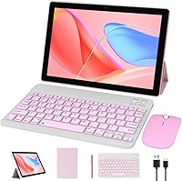 NOVOJOY 10.1 Inch Android 14 Tablet with Keyboard Mouse Stylus Case - 8GB RAM 64GB ROM 6000mAh Battery Pink Girls Tablet PC