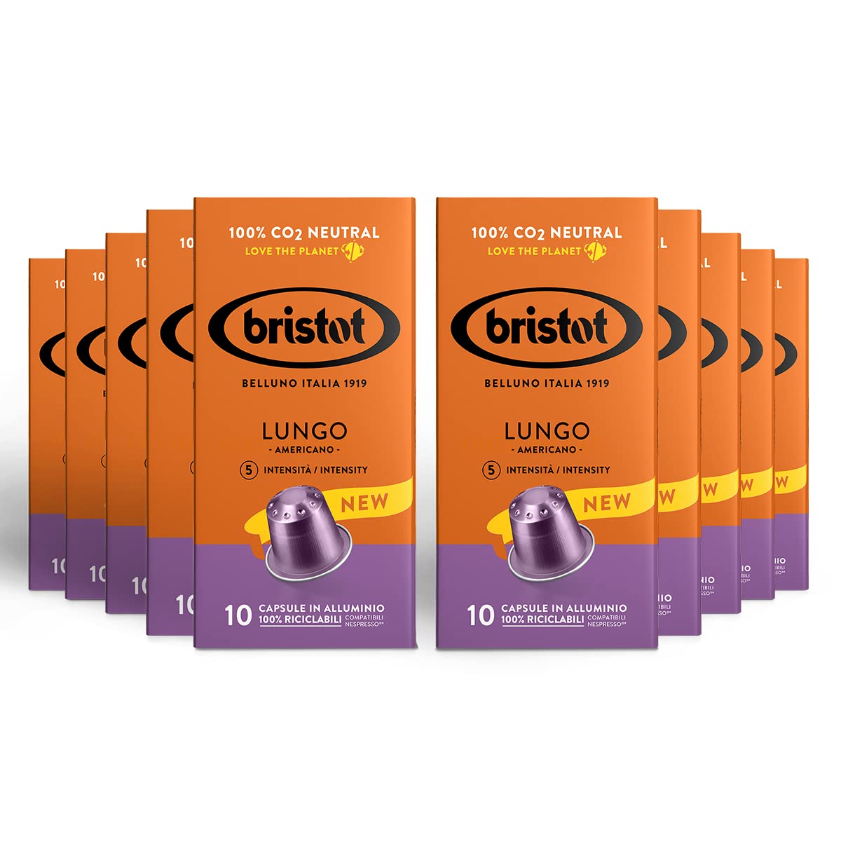 Bristot 100 Capsule In Alluminio Compatibili Nespresso Americano Lungo - Miscela di Caffè Dal Centro America E Dal Brasile. Con Note Di Cocco E Tabacco.