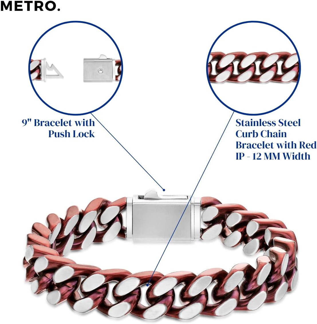 Metro Jewelry Curb Chain Bracelet for Men in Stainless Steel with Red Ion Plating - 9 Inches Long 12 MM Wide with Push Lock - Image 5