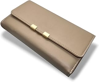 محفظة جلدية للنساء بتصميم كوري عصري، لون فانيلا لاتيه 2، متعددة الأقسام مع نافذة للصور وسحاب