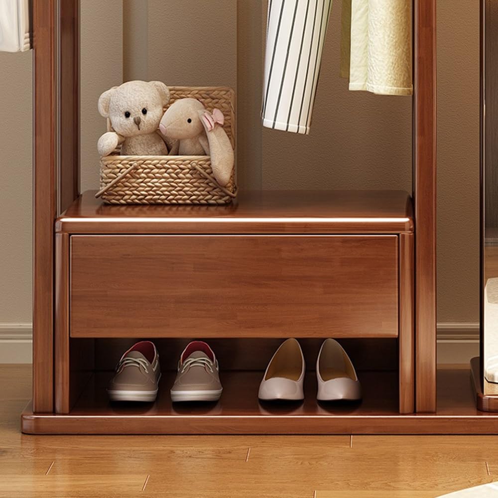 Perchero Colgador de Ropa Madera Maciza, Espejo tocador, Suelo Dormitorio, Giratorio, Multifuncional, con cajón, Perchero, Zapatero(Walnut)