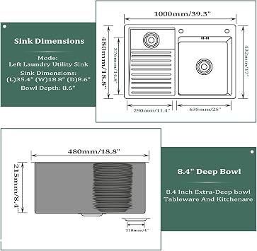 Laundry Utility Sink With Washboard Stainless Steel Kitchen Sink Household Pool Balcony Room Wash Basin Easy Clean Double-Bowl 1000mm/39.3Inch