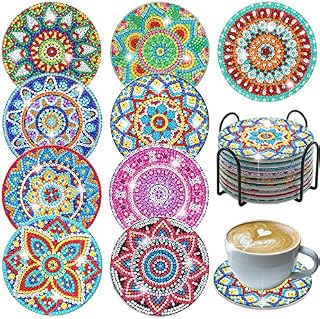9 Pcs Diamond Art Coasters - DIY Mandala Diamond Painting Round Cup Coasters Kits Accessories with Holder for Beginners, Kids & Adults