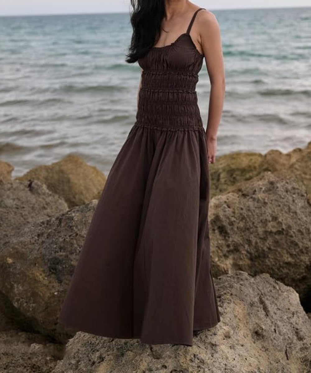 Women Spaghetti Strap Maxi Dress Sleeveless Scoop Neck Ruffle Tiered Elastic Casual Boho Flowy Dress - Image 5