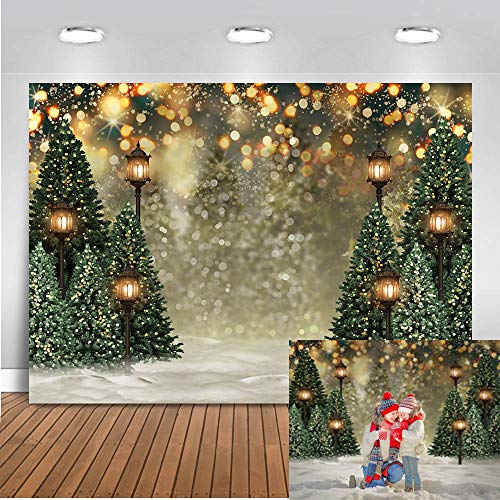 Mocsicka 10x8ft Winter Christmas Backdrop for Photography Christmas Glitter Bokeh Green Pine Tree Lamps Photo Backdrop Xmas Family Pictures for Kids Newborn Photography Background