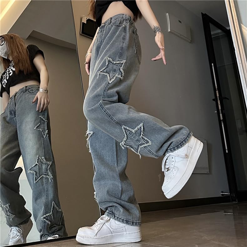 Womens Star Embroidery Wide Leg Y2K Jeans Aesthetic Star Pants Girls Boyfriend Loose Fit Baggy Jeans 90s Streetwear2