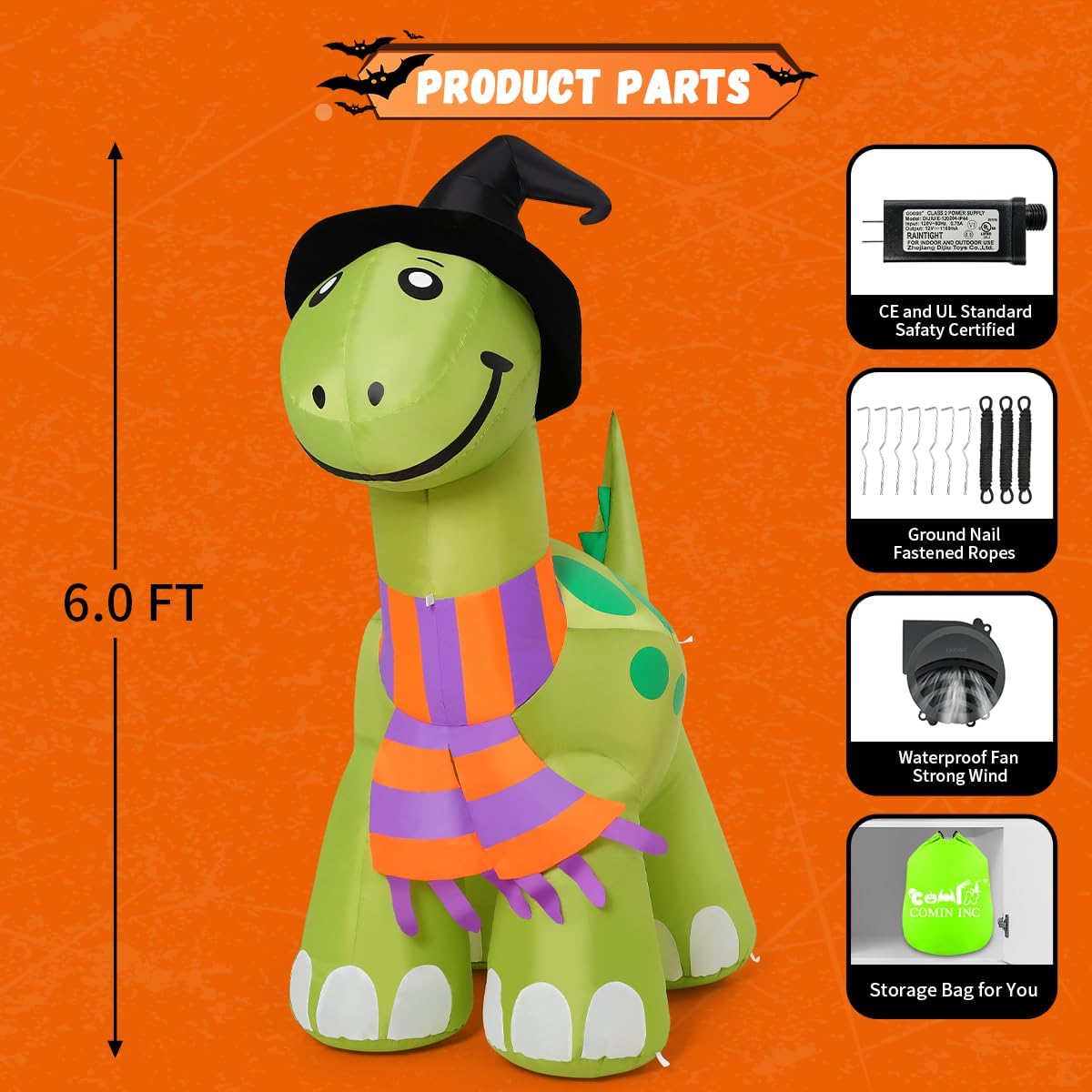 COMIN 6 FT Tall Halloween Inflatables Dinosaur Outdoor Decorations Blow Up Yard Decoration with Built-in LED for Yard Garden Party Lawn