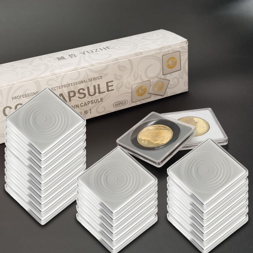 Square Coin Storage Capsule Case Set of 20, Transparent Collectible Coin Holder with Adjustable Foam Liner 16-40mm Diameter, 4.8 x 4.8 x 0.7 cm(20/25/30/35/40mm)