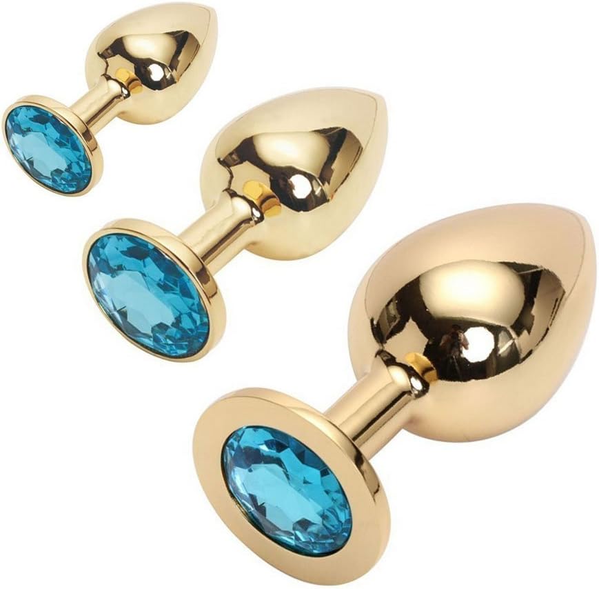 QingJ 3Pcs Amazing Jeweled Design Golden Stainless Steel Plug Anales Fetish Restraint Set Plug Anales Toy (Golden,Water Blue)