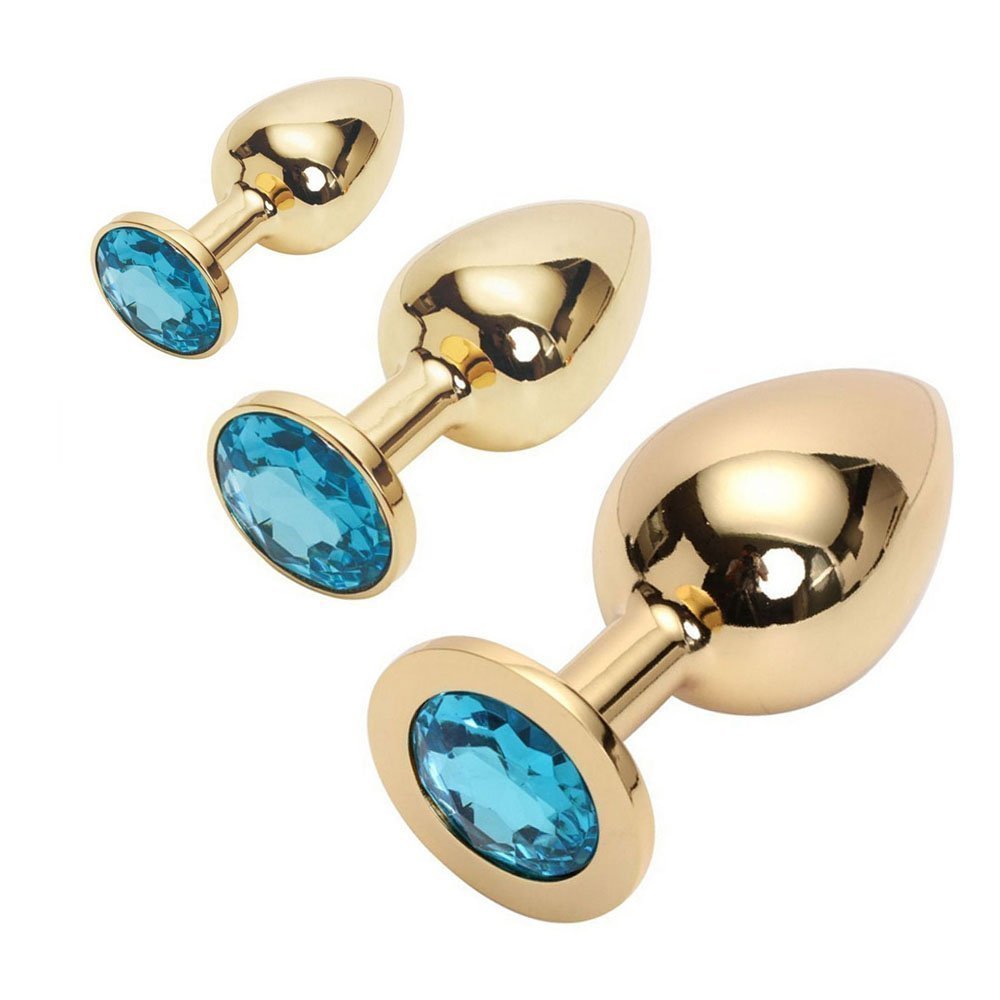 QingJ 3Pcs Amazing Jeweled Design Golden Stainless Steel Plug Anales Fetish Restraint Set Plug Anales Toy (Golden,Water Blue)