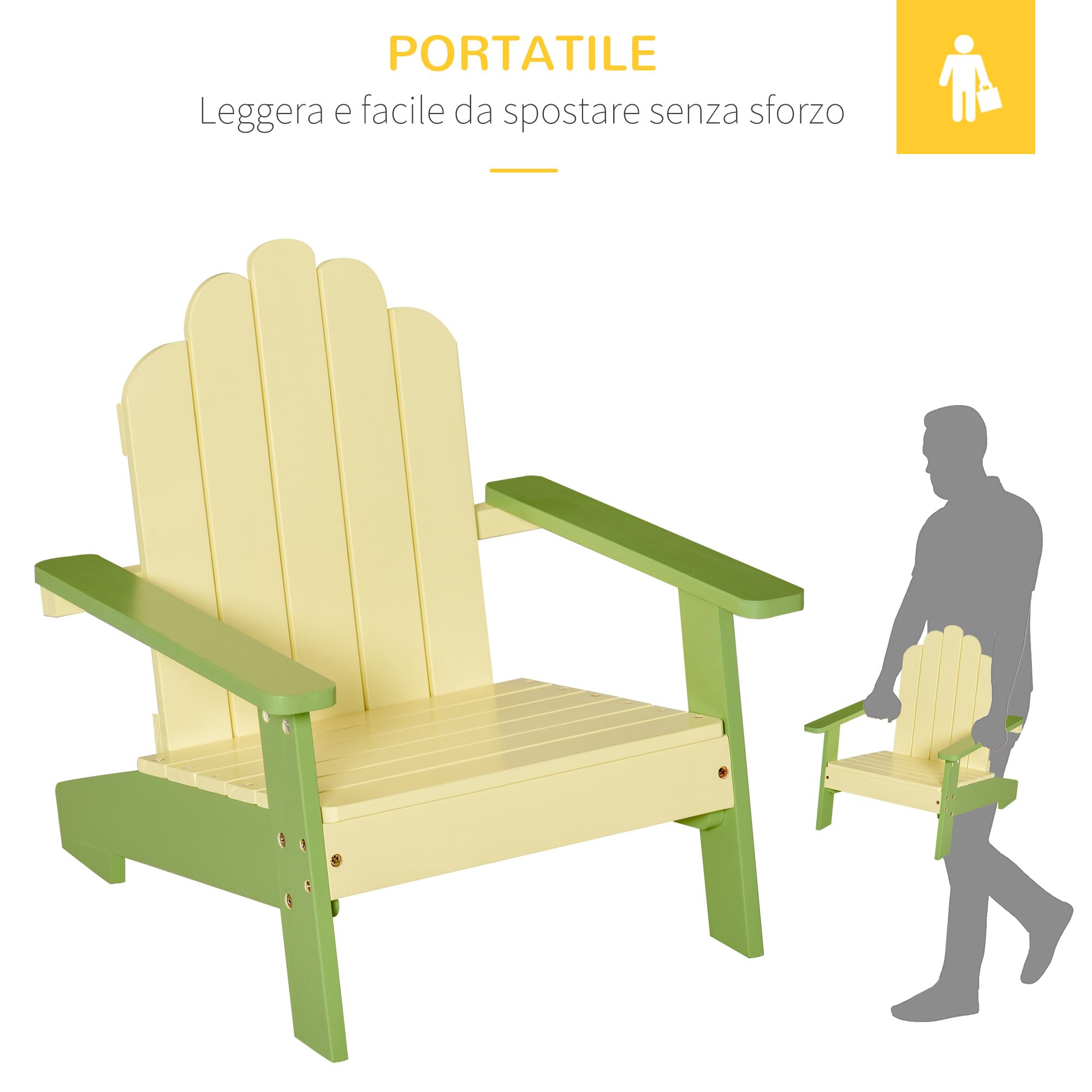 Outsunny Sedia per Bambini 1-4 Anni Ergonomica in Legno di Pino, Sedia Adirondack da Giardino con Vernice Atossica, Braccioli e Schienale, Uso Interno ed Esterno, 51x50x52.5cm, Verde