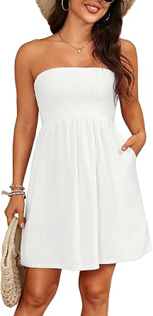 Yonique Terry Cloth Cover up Strapless Beach Cover Up with Pockets | Bandeau;A-line Dress; Free shoulders to enhance tanning; Blend soft cotton to absorb water