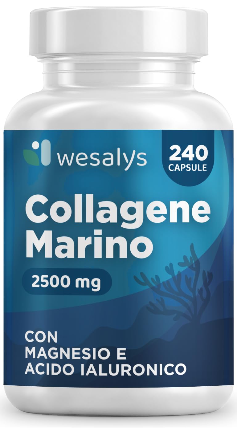 Collagene Marino con Acido ialuronico - 240 Capsule - 2500mg di Collagene idrolizzato, Integratore con Biotina, Vitamina C, Coenzima Q10 per Pelle, Capelli e Articolazioni Wesalys