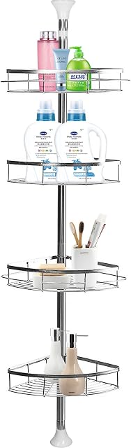 Shower Caddy Corner Shelf, No Drilling Telescopic 4 Tier Adjustable Bathroom Storage, 6.23-10.17 FT Bathroom Shelf Stainless Shower Rack Shelves Organiser - Heavy Duty (Stainless Steel)