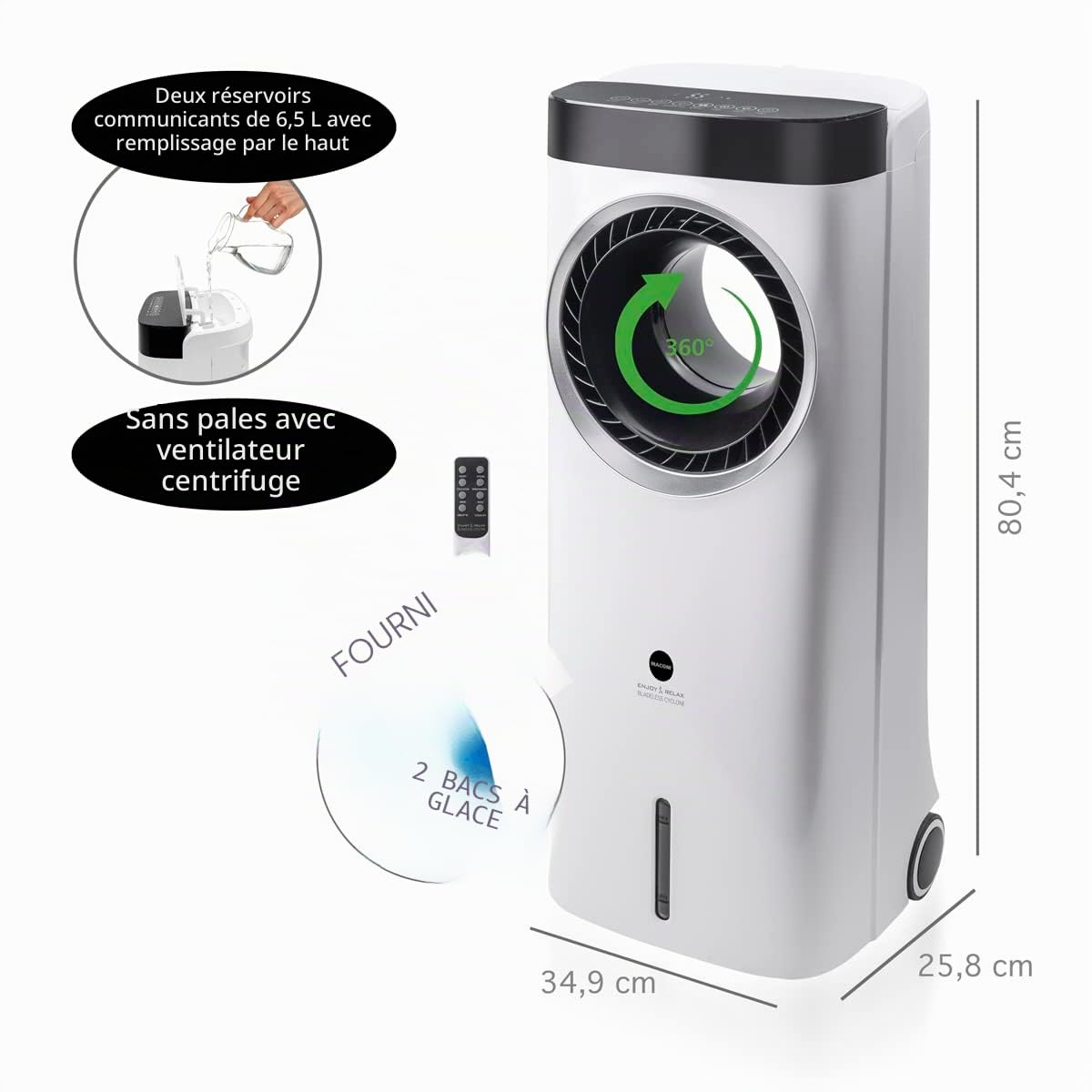 MACOM Enjoy & Relax 984 Bladeless Cyclone Refroidisseur évaporatif sans lame avec ventilateur centrifuge