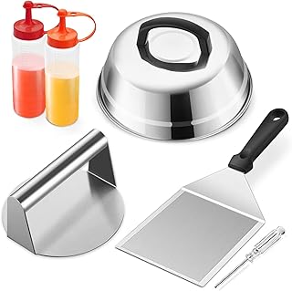 Smash Burger Kit Griddle Accessories (6Pcs), Joyfair 9in Basting Cover with Grill Spatula & Bacon Press Set, Stainless Steel Hamburger Turner, Melting Dome, Patty Press for Outdoor BBQ Kitchen Cooking
