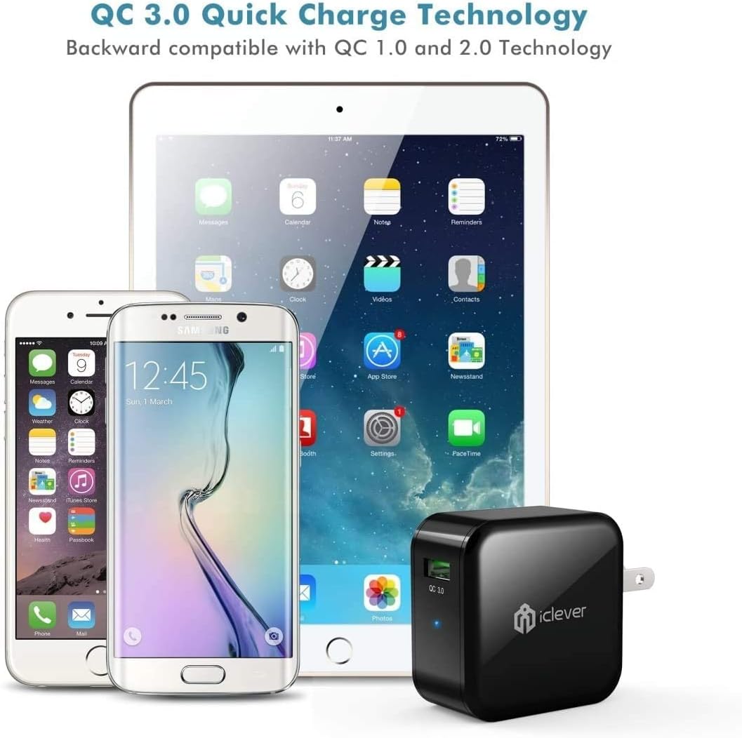 Quick Charge 3.0 USB Wall Charger, 24W iClever Qualcomm Fast Charger (Quick Charge 2.0 Compatible) for Samsung Galaxy S10e/S8/S7/S6/Plus; Note 9/8, LG G7/V40/V30+, HTC 10, iPhone 12/Mini/Pro Max