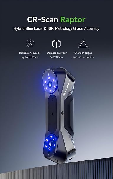 Creality 3D Scanner CR Scan Raptor 3D Scanner, 0.02 mm Industrial Precision, 7 Blue Laser Tech, 0.1 mm, 20 fps NIR, 60 fps Scanning Speed for Objects 5-2000 mm for K1, K1C, K1 Max(Windows/MacOS)