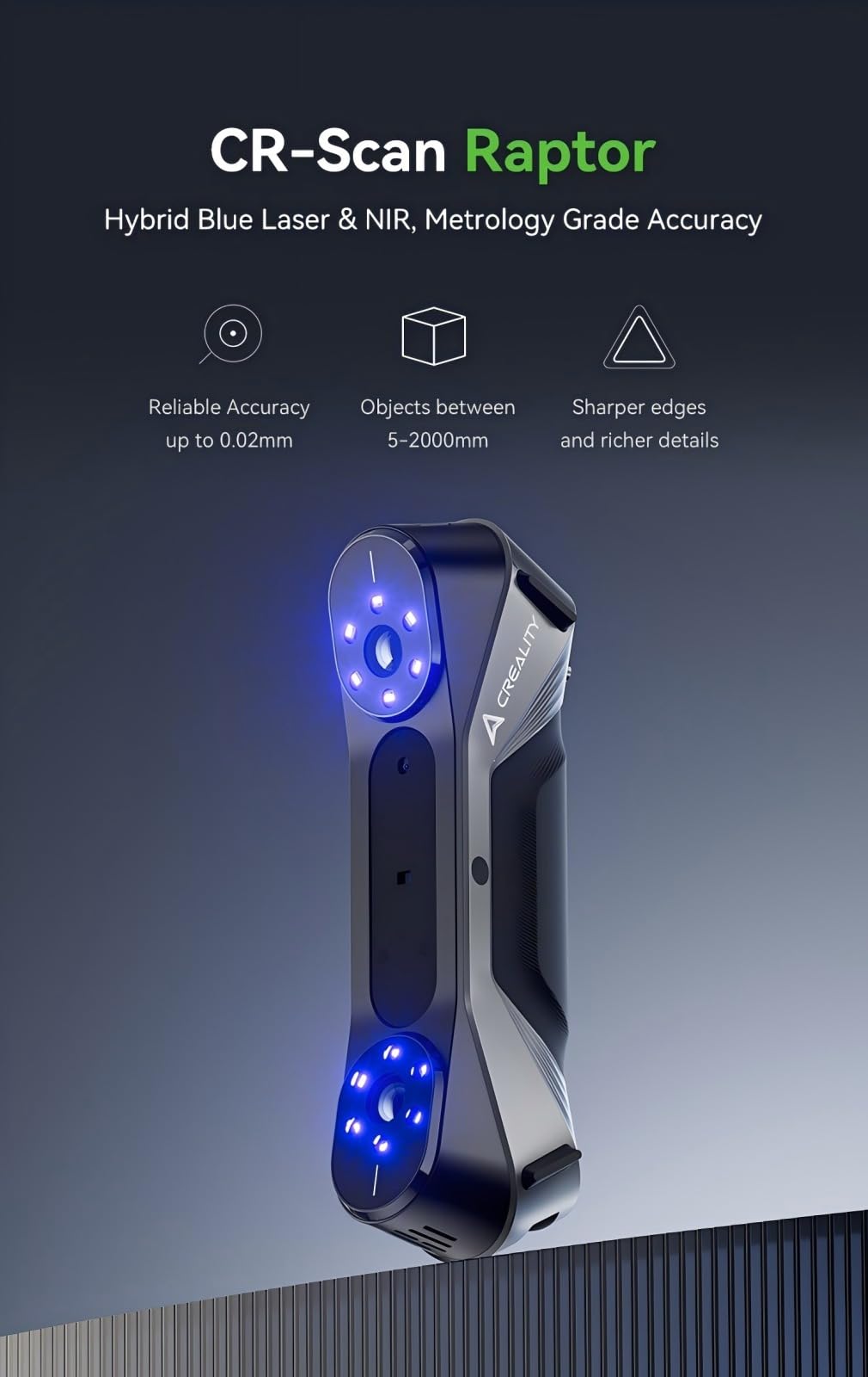 Creality Escáner 3D CR Scan Raptor:0,02 mm de precisión industrial, 7 Blue Laser Tech, 0,1 mm, 20 fps NIR, 60 fps Velocidad de escaneo para objetos 5-2000 mm para K1, K1C, K1 Max (Windows/MacOS)