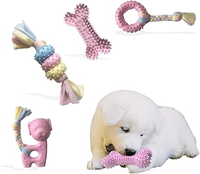 Puppy Toys for Teething, Dog Chew Toys for Small & Medium Breeds, Soothe Teething Pain, Lessens Anxiety, Durable, All-Natural Rubber and Cotton, 4-Pack Pink