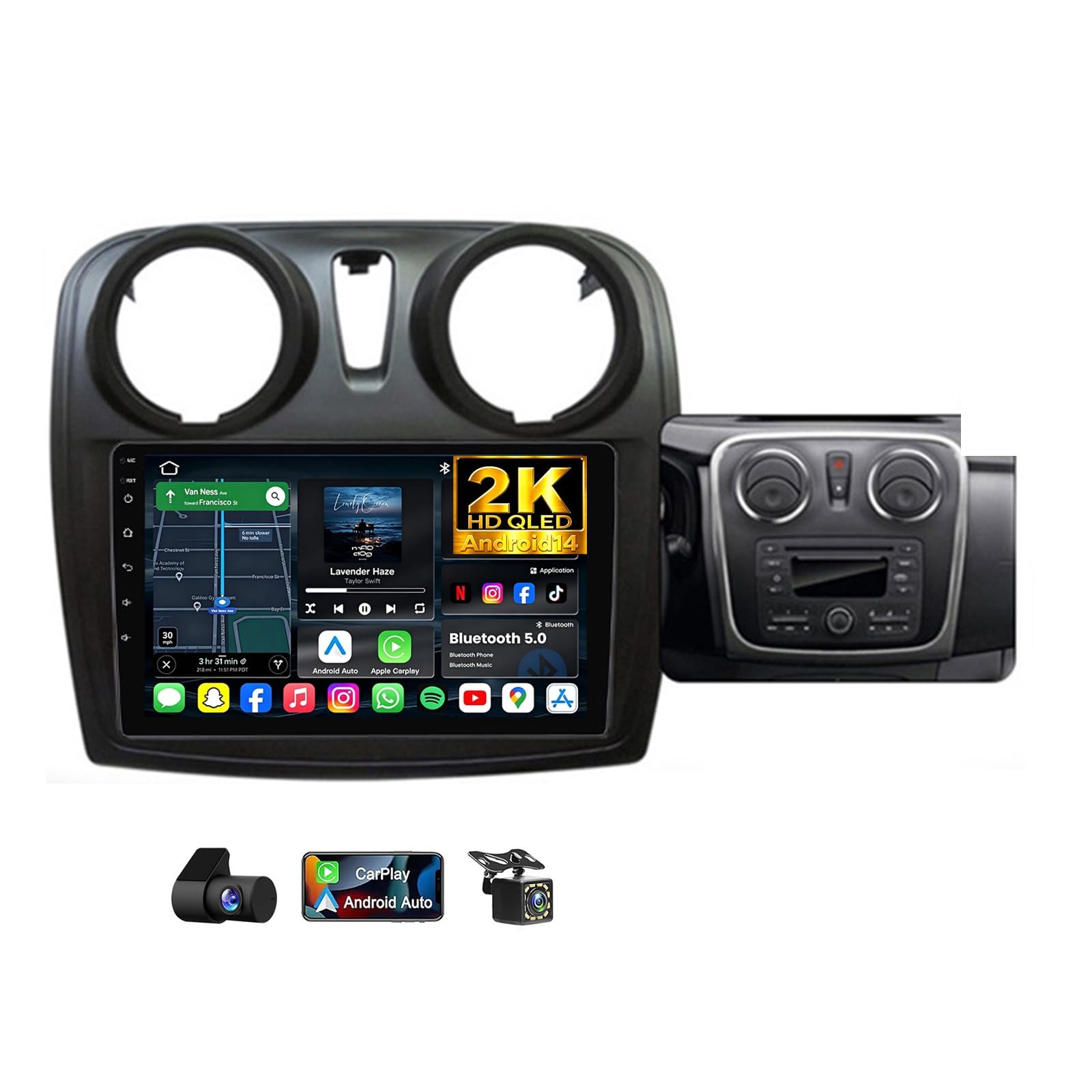 Radio coche doble DIN para Renault Logan 2 con pantalla 2K QLED y Android 14 8