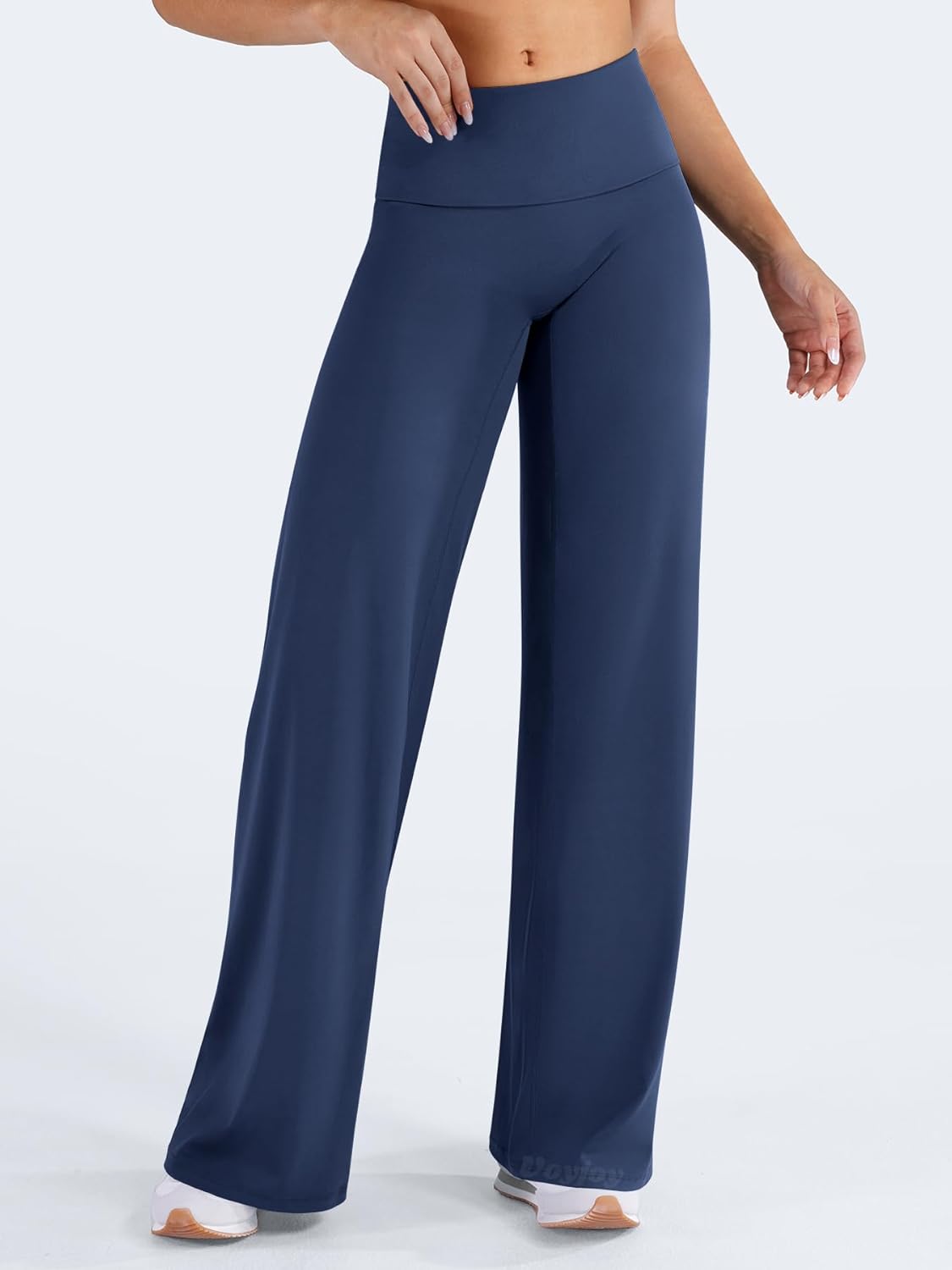 VOYJOY Fold Over Straight Leggings Womens Wide Leg Yoga Pants No Front Seam 31.5" Mid Low Waist Stretch Sweatpants - Image 4