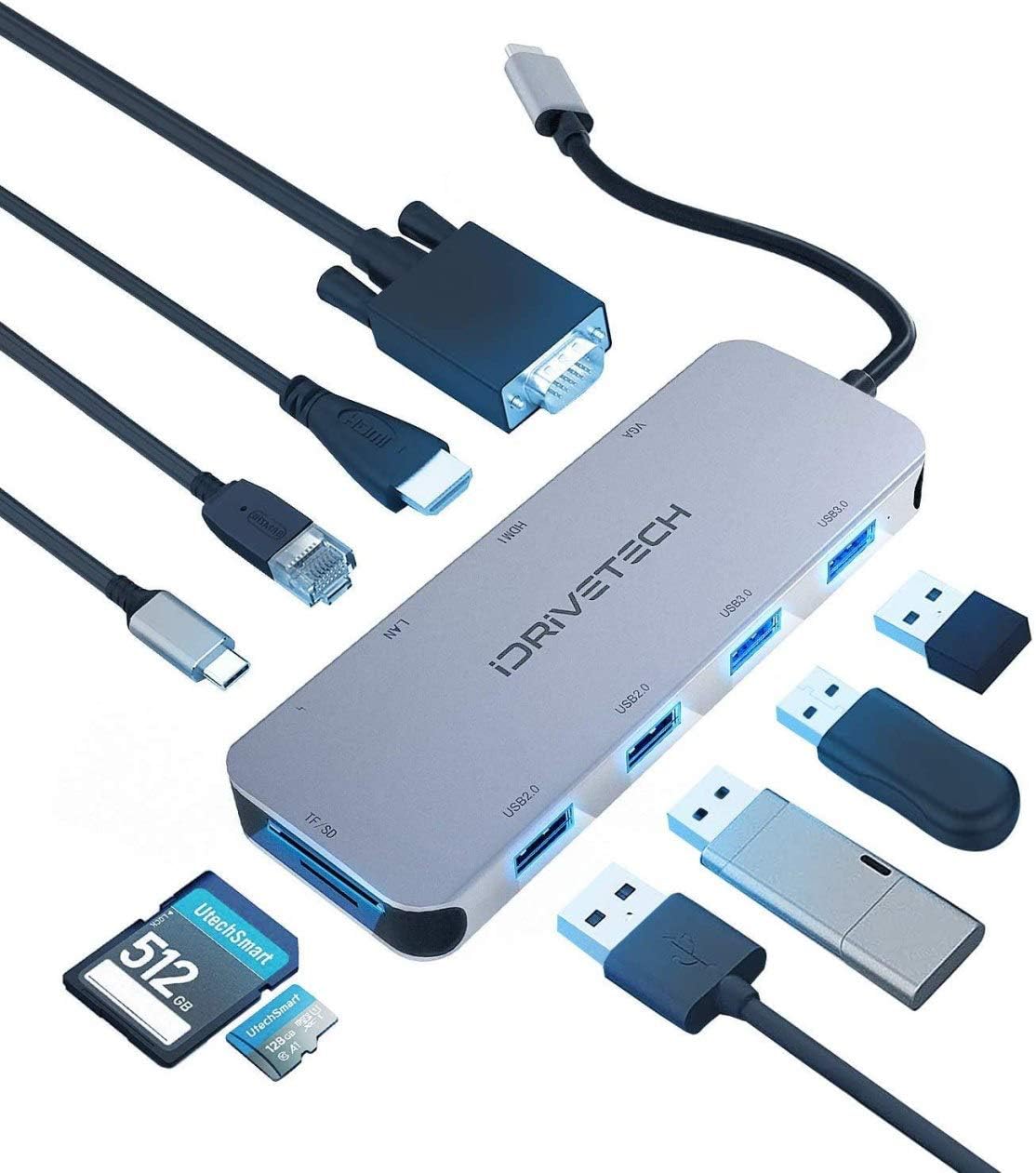 USB C Hub Multiport Adapter - iDriveTech 6 in 1 Docking Station - 2X USB 3.0 Ports, HDMI USB C Adapter, SD/TF Card Reader, USB C Port - Compatible with MacBook and USB Type C Devices