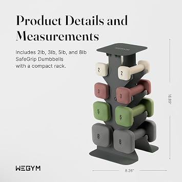 Starter Set 2+3+5+8LB Pair with Slate Rack - Mix Set,WeGym SafeGrip Square Dumbbells with Anti-Slip Handles, Safe Weight Lifting Equipment for Home Gym, Aesthetic Dumbbell Sets