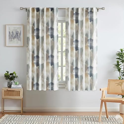 Kayne Studio Blue Brown Watercolor Semi Sheer Curtain Panels, Boho Ink Geo Print Light Filtering Farmhouse Drapes for Living Room Bedroom, Back Tab Rod Pocket Window Treatment Set,W52 x L63,2 Panels