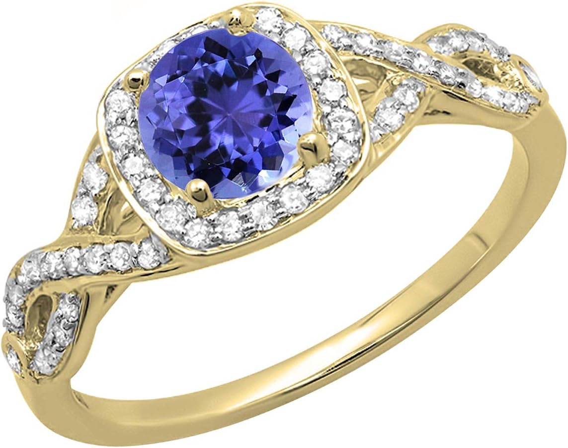 Dazzlingrock Collection Round Tanzanite & White Diamond Womens Swirl Split Shank Halo Engagement Ring, 14K Solid Gold